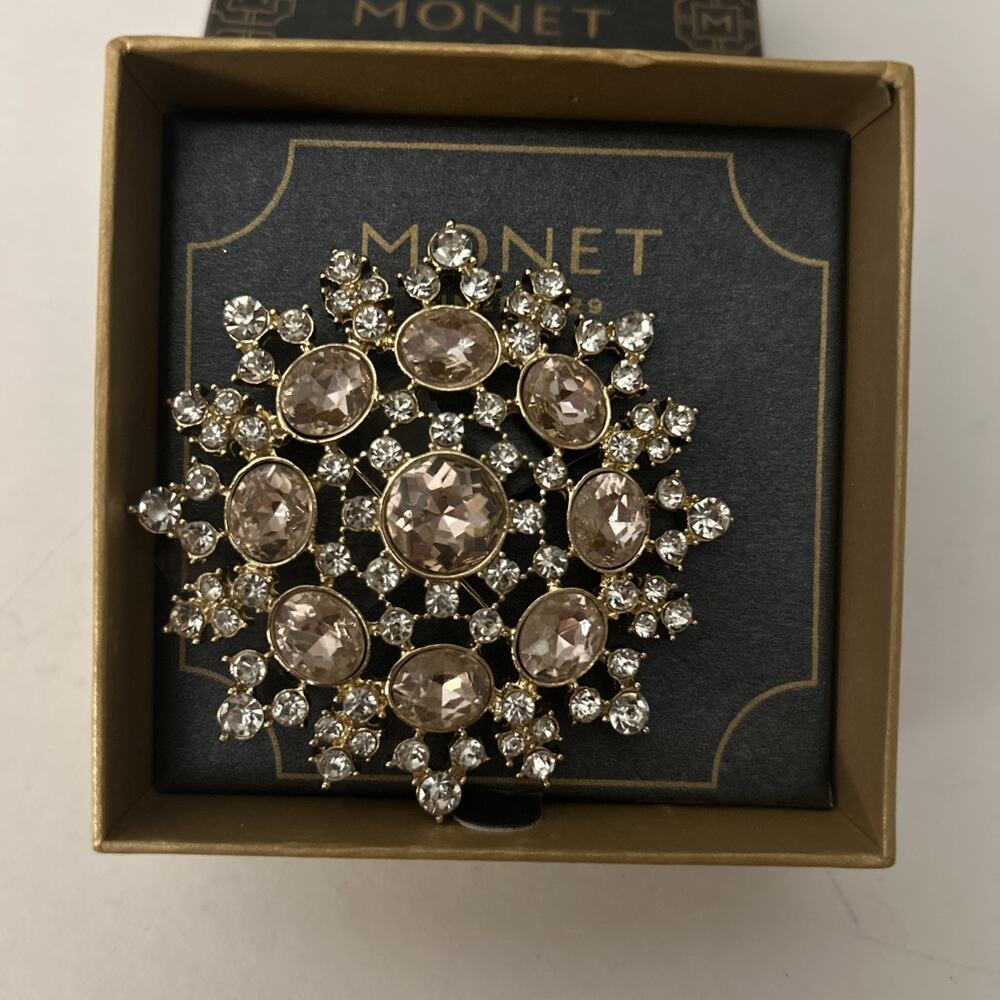 Vintage Monet Brooch Pink Rhinestone Gold Tone Sunburst Floral